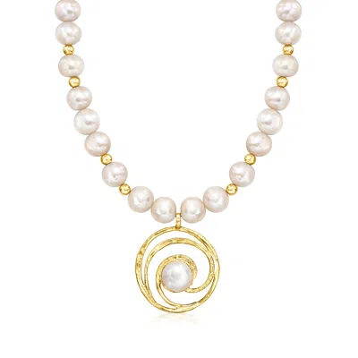 Ross-simons 9-12mm Cultured Pearl And Hematite Bead Spiral Necklace In 18kt Gold Over Sterling In Silver