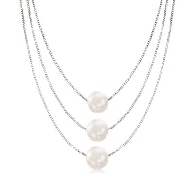 Ross-simons 9-9.5mm Cultured Pearl 3-strand Layered Necklace In Sterling Silver In Metallic