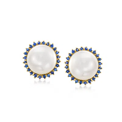 Ross-simons 9-9.5mm Cultured Pearl And . Sapphire Earrings In 14kt Yellow Gold In Blue