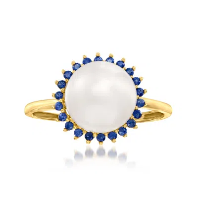 Ross-simons 9-9.5mm Cultured Pearl And . Sapphire Halo Ring In 14kt Yellow Gold In Blue