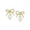 Ross-simons 9-9.5mm Cultured Pearl And . White Topaz Bow Drop Earrings In 18kt Gold Over Sterling In White