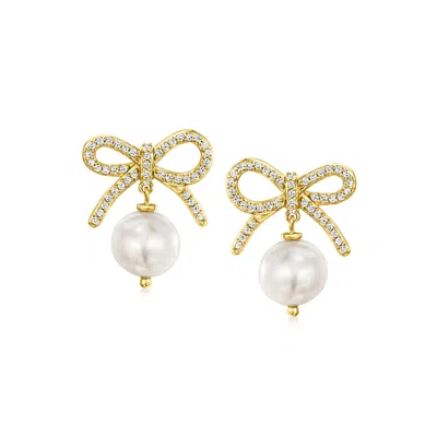 Ross-simons 9-9.5mm Cultured Pearl And . White Topaz Bow Drop Earrings In 18kt Gold Over Sterling In Silver