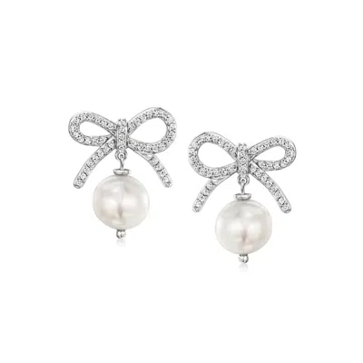 Ross-simons 9-9.5mm Cultured Pearl And . White Topaz Bow Drop Earrings In Sterling Silver In Multi
