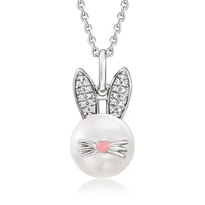 Ross-simons 9-9.5mm Cultured Pearl Bunny Pendant Necklace With Diamonds In Sterling Silver In Metallic