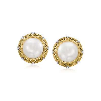 Ross-simons 9-9.5mm Cultured Pearl Earrings With Diamonds In 18kt Gold Over Sterling In White