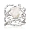 Ross-simons 9-9.5mm Cultured Pearl Highway Ring With Czs In Sterling Silver In White