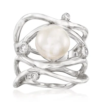 Ross-simons 9-9.5mm Cultured Pearl Highway Ring With Czs In Sterling Silver In White