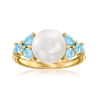 Ross-simons 9.5-10mm Cultured Pearl And . Sky Blue Topaz Ring With Diamond Accents In 18kt Gold Over Sterling In Silver