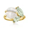 Ross-simons 9.5-10mm Cultured Pearl And Prasiolite Ring With Diamonds In 14kt Yellow Gold In Green
