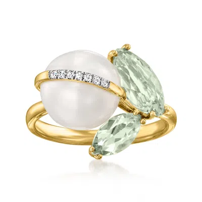 Ross-simons 9.5-10mm Cultured Pearl And Prasiolite Ring With Diamonds In 14kt Yellow Gold In Green