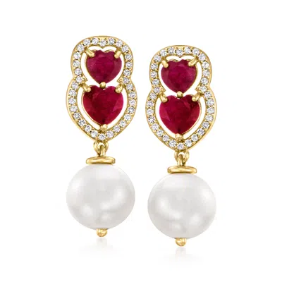 Ross-simons 9.5-10mm Cultured Pearl And Ruby Heart Drop Earrings With . White Topaz In 18kt Gold Over Sterling In Red
