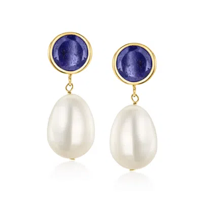 Ross-simons 9.5-10mm Cultured Pearl And Sapphire Drop Earrings In 14kt Yellow Gold In Blue