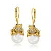 Ross-simons 9.5-10mm Cultured Pearl And White Topaz Frog Drop Earrings With Sapphires In 18kt Gold Over Sterling In White
