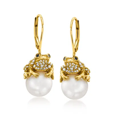 Ross-simons 9.5-10mm Cultured Pearl And White Topaz Frog Drop Earrings With Sapphires In 18kt Gold Over Sterling