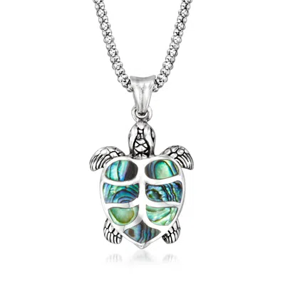 Ross-simons Abalone Shell Bali-style Turtle Pendant Necklace In Sterling Silver In Metallic