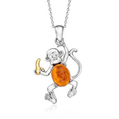 Ross-simons Amber Monkey With Banana Pendant Necklace In Sterling Silver With 18kt Gold Over Sterling In Multi