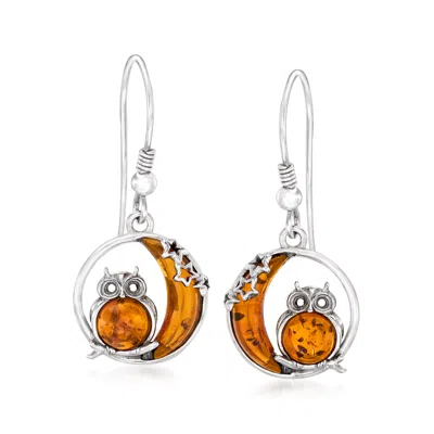 Ross-simons Amber Owl And Crescent Moon Drop Earrings In Sterling Silver