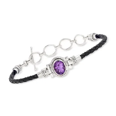 Ross-simons Amethyst And Black Leather Toggle Bracelet In Sterling Silver In Multi
