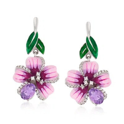 Ross-simons Amethyst And . White Topaz Flower Drop Earrings With Multicolored Enamel In Sterling Silver In Purple