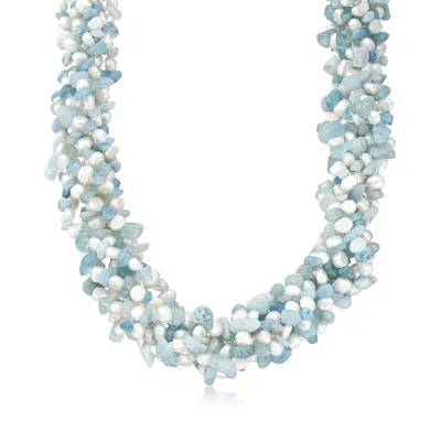 Ross-simons Aquamarine Bead And 5-6mm Cultured Pearl Torsade Necklace With Sterling Silver In Multi
