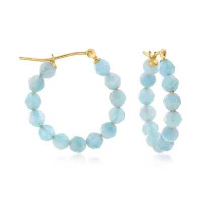Ross-simons Aquamarine Bead Hoop Earrings In 14kt Yellow Gold In Blue