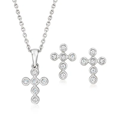 Ross-simons Bezel-set Diamond Jewelry Set: Cross Earrings And Pendant Necklace In Sterling Silver