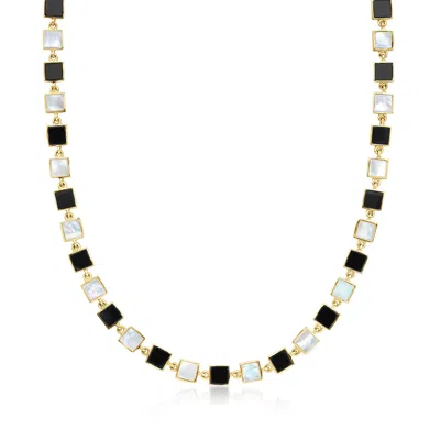 Ross-simons Bezel-set Onyx And Mother-of-pearl Station Necklace In 18kt Gold Over Sterling In Multi