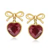 Ross-simons Bezel-set Ruby Heart And Bow Drop Earrings In 18kt Gold Over Sterling In Red