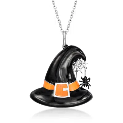 Ross-simons Black And Orange Enamel Witch Hat Pendant Necklace In Sterling Silver