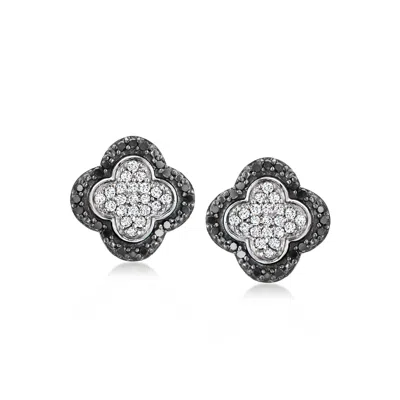 Ross-simons Black And White Diamond Clover Earrings In Sterling Silver