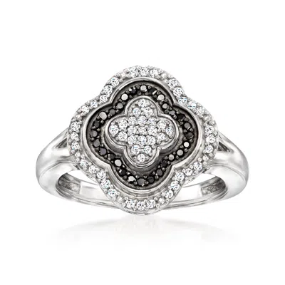 Ross-simons Black And White Diamond Clover Ring In Sterling Silver.