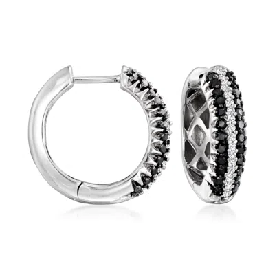 Ross-simons Black And White Diamond Huggie Hoop Earrings In Sterling Silver In Multi