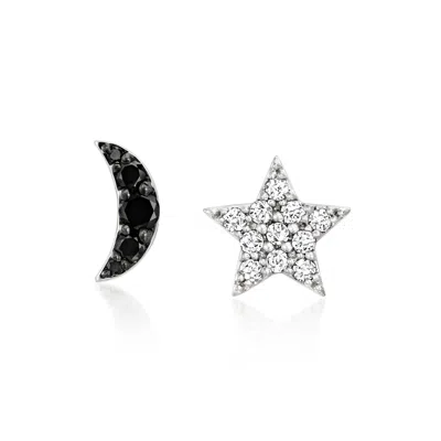 Ross-simons Black And White Diamond Moon And Star Mismatched Earrings In Sterling Silver