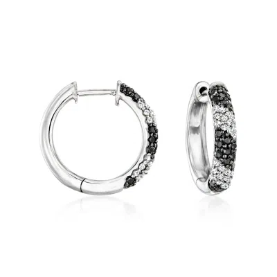 Ross-simons Black And White Diamond Striped Hoop Earrings In Sterling Silver