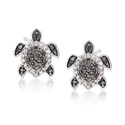 Ross-simons Black And White Diamond Turtle Earrings In Sterling Silver