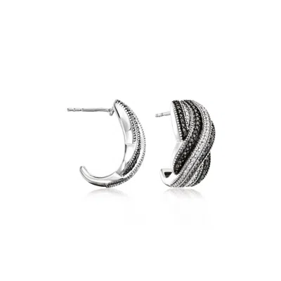 Ross-simons Black And White Diamond Twisted Striped J-hoop Earrings In Sterling Silver