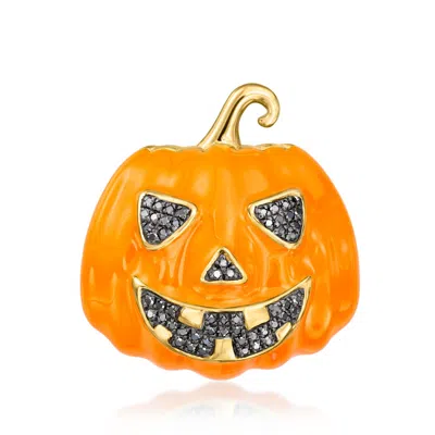 Ross-simons Black Diamond And Orange Enamel Jack-o'-lantern Pin/pendant In 18kt Gold Over Sterling