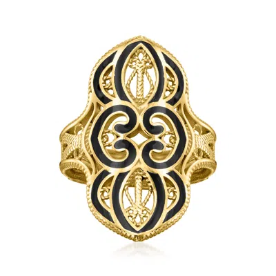 Ross-simons Black Enamel Filigree Ring In 18kt Gold Over Sterling In Yellow