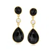 Ross-simons Black Onyx And 5mm Cultured Freshwater Button Pearl Drop Earrings In 18kt Gold Over Sterling