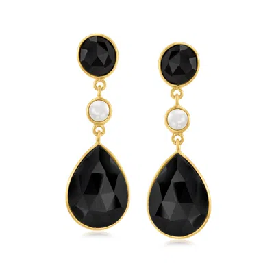 Ross-simons Black Onyx And 5mm Cultured Freshwater Button Pearl Drop Earrings In 18kt Gold Over Sterling