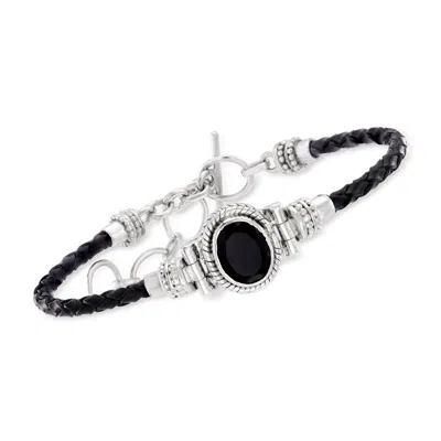Ross-simons Black Onyx Bracelet With Braided Black Leather In Sterling Silver In Multi