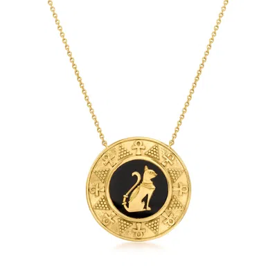 Ross-simons Black Onyx Cat Medallion Pendant Necklace In 18kt Gold Over Sterling In Multi