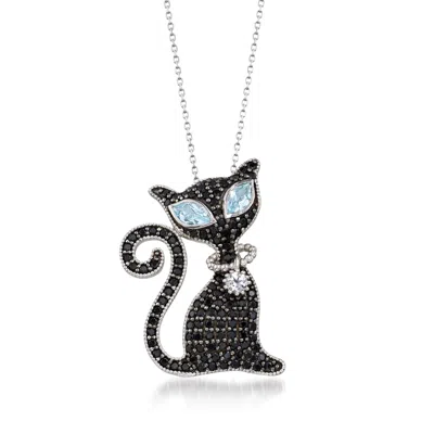 ROSS-SIMONS BLACK SPINEL AND BLUE AND WHITE TOPAZ CAT PIN PENDANT NECKLACE IN STERLING