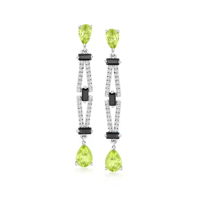 Ross-simons Black Spinel And Peridot Art Deco-style Drop Earrings With White Topaz In Sterling Silver In Multi