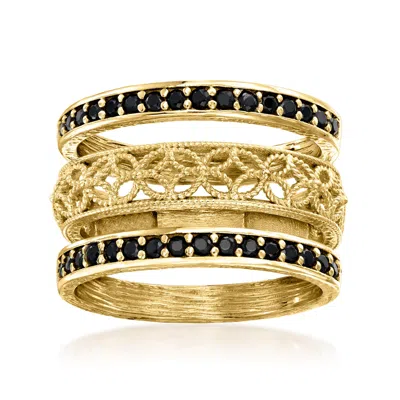 Ross-simons Black Spinel And Scrollwork Jewelry Set: 3 Rings In 18kt Gold Over Sterling