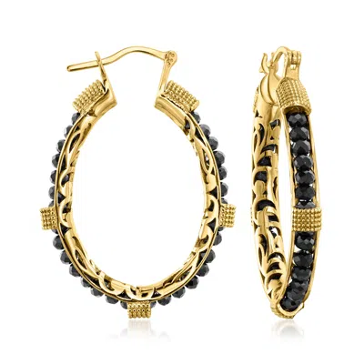 Ross-simons Black Spinel Bead Hoop Earrings In 18kt Gold Over Sterling