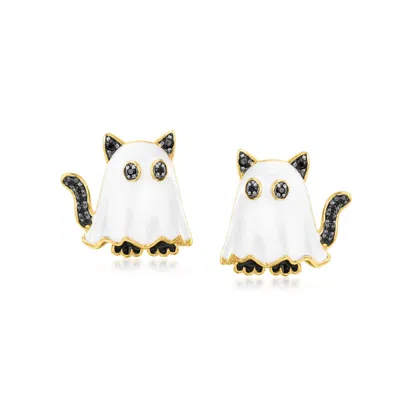 Ross-simons Black Spinel Ghost Cat Earrings With White Enamel In 18kt Gold Over Sterling In Multi