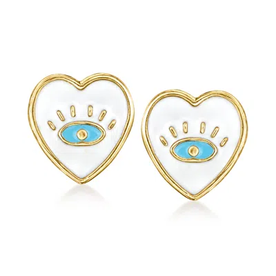 Ross-simons Blue And White Enamel Evil Eye Heart Earrings In 14kt Yellow Gold