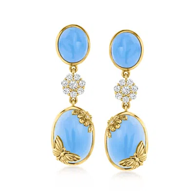Ross-simons Blue Chalcedony And White Topaz Nature-inspired Drop Earrings With Diamonds In 18kt Gold Over Sterli In Multi
