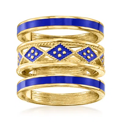 Ross-simons Blue Enamel And 18kt Gold Over Sterling Jewelry Set: 3 Stackable Geometric Rings In Yellow